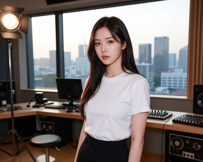 A cinematic shot of a confident female K-pop solo artist standing in a modern, high-end recording studio with large windows overlooking the Seoul skyline at dawn. Soft morning sunlight, lens flare, professional lighting, sharp focus on her determined expression, vibrant and clean colors, sophisticated atmosphere, 8k resolution, magazine editorial style.