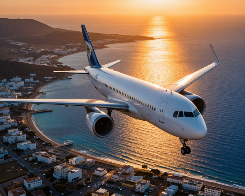 Commercial airplane flying over Algeria coast